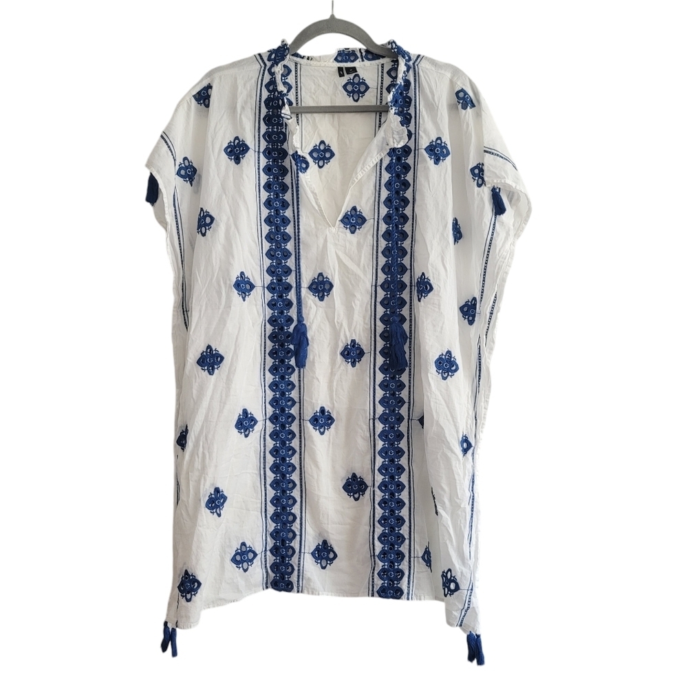 J. Crew Women Medium White Blue Embroidered Floral Tassel Cover Up Dress Swim
